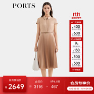 PORTS宝姿女装春夏新款通勤衬衫领拼接百褶收腰短袖中长连衣裙 珍珠粉 XL (10)