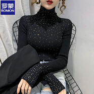 罗蒙（ROMON）满天星带钻堆堆领打底衫女修身洋气亮闪闪内搭小香风高领针织毛衣 【镶钻款黑色】 S