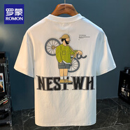 罗蒙夏季薄款T恤男潮流宽松刺绣印花短袖上衣高级感重磅百搭男士衣服 白色 L 适合115-130斤穿