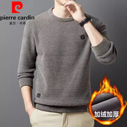 皮尔卡丹秋冬长袖T恤男士雪尼尔绒卫衣加绒加厚毛衣一体绒圆领衫保暖上衣 咖色 L (170) 建议110-130斤