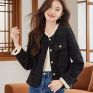 AEMAPE小香风外套女2025春秋冬季新款韩版短外套女装小个子短款格子上衣 黑色 L _建议体重115-130斤