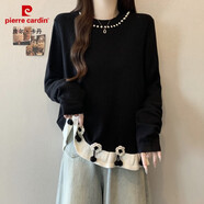 皮尔卡丹（pierre cardin）巨好看钉珠针织打底衫毛衣女春秋大码胖mm显瘦荷叶边立体花朵上衣 黑色针织衫优质版[早秋穿搭女 M [建议80-100斤]