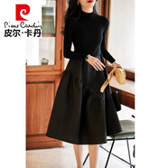 皮尔卡丹（pierre cardin）赫本风修身蓬蓬裙秋冬新款收腰显瘦黑色针织拼接打底连衣裙女 黑色中 袖 S