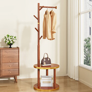 妙立实木衣架落地衣帽架房间置物卧室挂衣架室内家用立式衣服收纳架子 双层金边圆盘-胡桃色+挂衣杆 实心实木