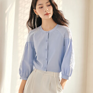 熙世界白色天丝衬衫女2025秋季新款独特别致绣花七分袖衬衣女装上衣 蓝紫色 S