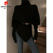 皮尔卡丹（pierre cardin）秋冬气质不规则设计感蝙蝠袖披肩式高领毛衣宽松百搭慵懒风针织衫 黑色毛衣+腰带 L
