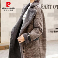 皮尔卡丹（pierre cardin）兔毛格子毛呢大衣中长款加绒加厚保暖羊羔毛皮毛一体毛绒外套女 咖啡色-加薄绒 【适合南方】 S 【80-100斤】