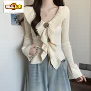 初径法式荷叶边领针织衫毛衣大码女装冬款胖打底衫喇叭袖上衣 米色针织衫【今年流行/设计感小众/冷淡系/高级 M (100斤以内)