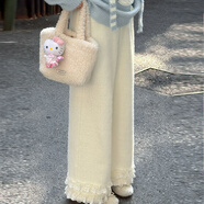 森女部落甜美风纯色直筒休闲裤女2025新款秋冬花边宽松加绒阔腿裤 白色休闲裤（加绒） 单件 S 模特码 