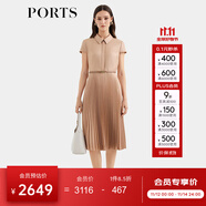 PORTS宝姿女装春夏新款通勤衬衫领拼接百褶收腰短袖中长连衣裙 珍珠粉-1 XL (10)