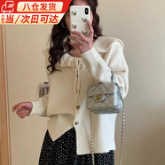 鹿珊伍娃娃领学院风针织开衫女秋冬大码宽松正肩别致甜美单排扣毛衣外套 娃娃领系带毛衣【米白】 均码 【建议90-110斤】
