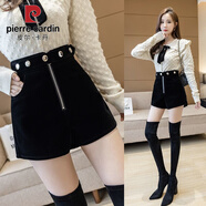 皮尔卡丹大码胖m妹秋冬新款金丝绒短裤宽松铆钉靴裤打底阔腿高腰裤冬短裤 黑色 S 建议70-85斤