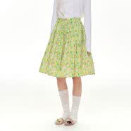 夏日度假感绿色印花A字大摆伞裙松紧蓬蓬半身裙 绿色印花半裙 S S
