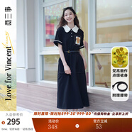 两三事梵高文艺 梵花遗梦 2025夏季新款印花布拼接撞色翻领连衣裙 黑色  M