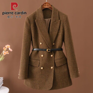 皮尔卡丹加厚毛呢西装外套女2025新款秋冬双排气质时尚西服中长款外套 花咖色（+腰带） XL 建议121-135斤