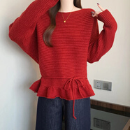 NYIG时尚荷叶边红色套头毛衣冬季2026新款大码女装胖mm一字肩针织上衣 红色毛衣【内搭辣妹上衣港味韩系chic超好看别致胖 M 【80-100斤】