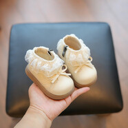 儿童短靴宝宝学步鞋秋冬季时尚新款幼童小皮鞋女童蕾丝公主鞋子 米白色 15 码内长12cm