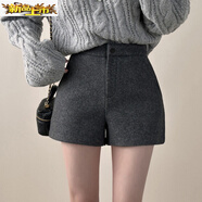 初径黑色毛呢短裤女秋冬新款显瘦高腰呢子靴裤韩版修身直筒三分裤 灰色 L