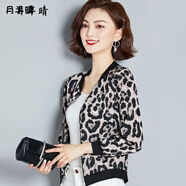 月半晴（YUEBANQING）长袖外套女2026春季新款短外套女豹纹宽松棒球服减龄夹克女女装 灰色豹纹长袖 4XL _[建议135-150斤]