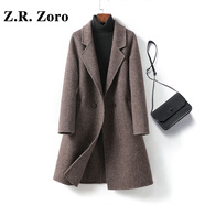 Z.R.Zoro轻奢品牌羊毛呢大衣女2025秋冬新款气质中长款西装领纯色毛呢外套 咖条纹 XL