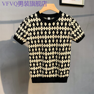 VFVQ男士菱格修身短袖针织衫潮流圆领撞色休闲线 线衫痞帅时尚百搭 黑色 M 100-115斤