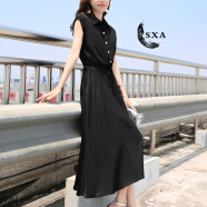 SXA香港潮牌无袖铜氨丝连衣裙女夏装新款显瘦气质衬衫裙子收腰A字裙 黑色 XL