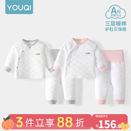 优奇婴儿衣服秋冬套装宝宝保暖夹棉内衣高腰护肚男女儿童2件套秋冬装 2套【雅灰+浅红】 73