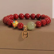 朱砂貔貅手串三圈手链项链女弹力红色古民族风长款 朱砂+和田玉+六孔珠+福牌