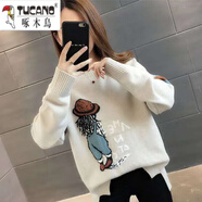 啄木鸟少女羊毛衫初中生羊毛衣女13初中学生15毛衣女大童14春秋孩打底衫 米白色 M 100-110斤