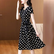 妈妈V领黑色短袖雪纺洋装女夏季气质波点中长裙减龄洋派裙子夏 波点 S S