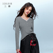 三彩2025冬季新款【抗起球】修身针织衫蕾丝V领打底衫长袖内搭M 花灰色 L 165/88A