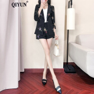 QIYUN小西装短裤两件套春夏新款韩版刺绣修身显瘦时尚套装女潮 黑色两件套 S(建议100斤内)