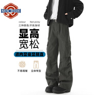 NEW OR MODE美式纯棉多口袋工装裤男春季新款褶皱折叠潮牌直筒阔腿休闲长裤子 深灰色 XL 【建议125-145斤】
