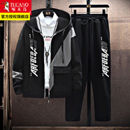 啄木鸟外套男2025秋冬季新款青少年潮流宽松休闲连帽加绒开衫上衣服男装 TZ886黑色上衣+裤子【常规】 2XL