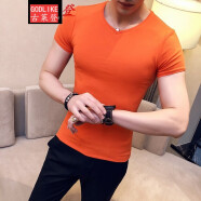 （新款）XS加小码矮小个子男纯色修身打底衫社会小伙S号紧身V领短袖T恤155 桔红色 XS(加小码)