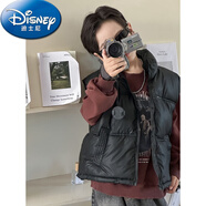 迪士尼（Disney）男女服冬季2025新款儿童Pu皮革免洗加厚白鸭绒棉服短连帽夹克外套 棉马甲黑色-彷小羊皮 110 cm