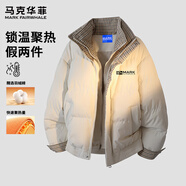 马克华菲假两件格子拼接羽绒棉服男女冬季新款加厚棉衣外套 米白 L