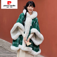 皮尔卡丹（pierre cardin）连帽斗篷大衣女披肩冬季加绒加厚保暖披风国风格子毛呢外套中长款 绿格【盘扣圈毛披肩】 均码