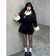 学院风加厚夹棉毛呢外套+短裤女冬季淑女设计感毛毛袖呢子两件套 毛呢外套+短裤 S