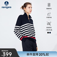 Navigare意大利小帆船女士长袖针织衫秋冬款舒适半开领上衣翻领条纹毛衣女 暗夜黑/白 L 码