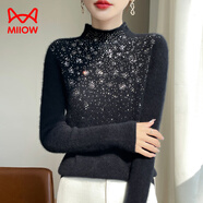 猫人（MiiOW）25秋冬季新款修身内搭打底衫上衣一线成衣针织衫女半高领镶钻毛衣 黑色 M