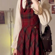 依乐琦新年战袍红色格纹荷叶袖裙女秋冬 套装【裙子+衬衫+领带】 S