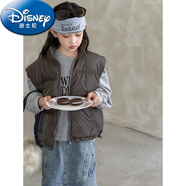 迪士尼（Disney）男女服冬季2025新款儿童Pu皮革免洗加厚白鸭绒棉服短连帽夹克外套 棉马甲咖色-彷小羊皮 110 cm