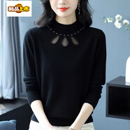 初径2025新款长袖针织衫女宽松显瘦薄款秋冬纯色网纱镶钻毛衣半高领打 黑色  薄款 S 建议【80-100斤】