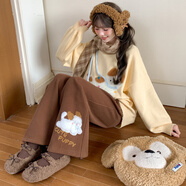 森女部落甜美可爱猫咪刺绣加绒阔腿裤女新款灯芯绒高腰休闲裤冬季 棕色加绒裤 单件 S 模特码
