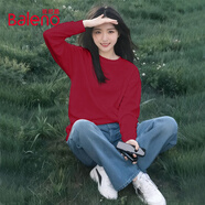 班尼路纯棉长袖t恤女装春秋新款宽松休闲女生上衣服百搭潮流内搭打底衫3 车厘子红#纯色 S