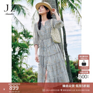 玖姿·安娜蔻优雅民族风多层雪纺蛋糕裙收腰连衣裙女2025夏季新款 花纹蓝色 M