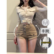 李李服饰老钱风丰胯牛仔短裤女2025夏季新款多扣高腰显瘦包臀热裤 卡其色 XS XS70-89斤