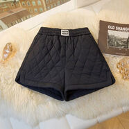 菱格夹棉短裤女2025秋冬季外穿小个子高腰a字阔腿靴裤宽松休闲裤 黑色 S S建议80-95斤