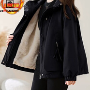 AEMAPE女式短款派克服棉衣外套2025冬季新款韩版时尚加绒加厚棉服女上衣 黑色 加绒款 2XL 建议151-170斤